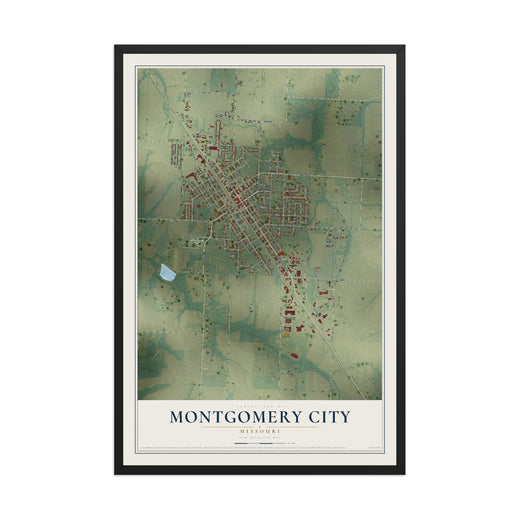 Map of Montgomery City, Missouri, 12 x 18 inch print in a black wood frame