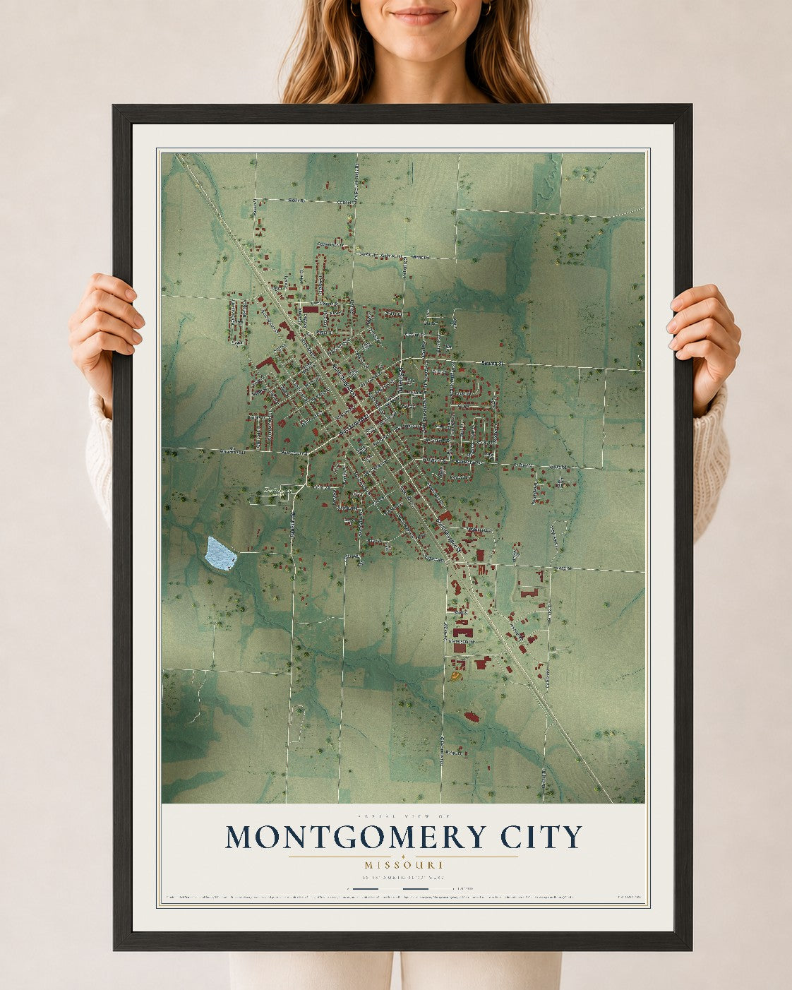 Map of Montgomery City, Missouri, 24 x 36 inch print in a black wood frame