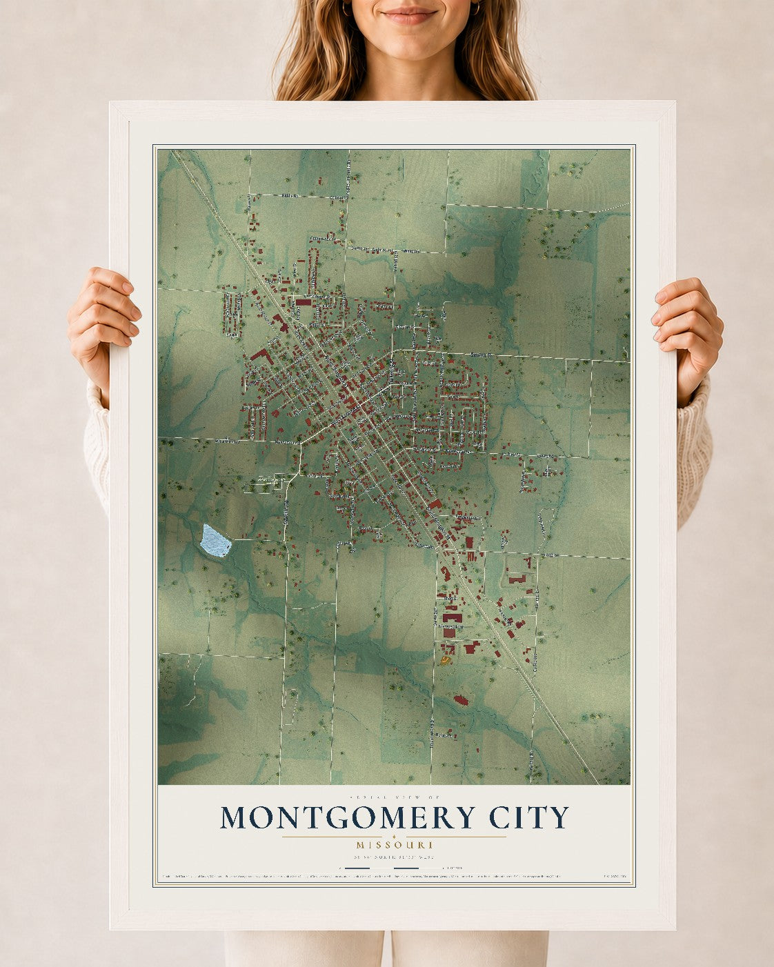 Map of Montgomery City, Missouri, 24 x 36 inch print in a white wood frame