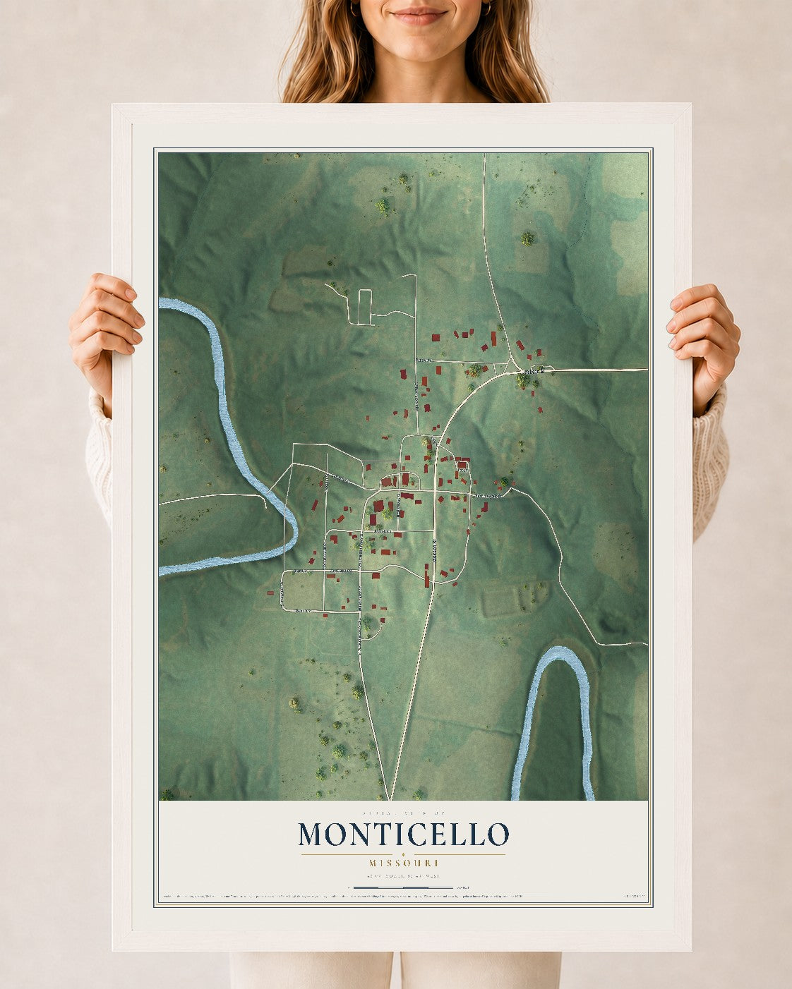 Map of Monticello, Missouri, 24 x 36 inch print in a white wood frame