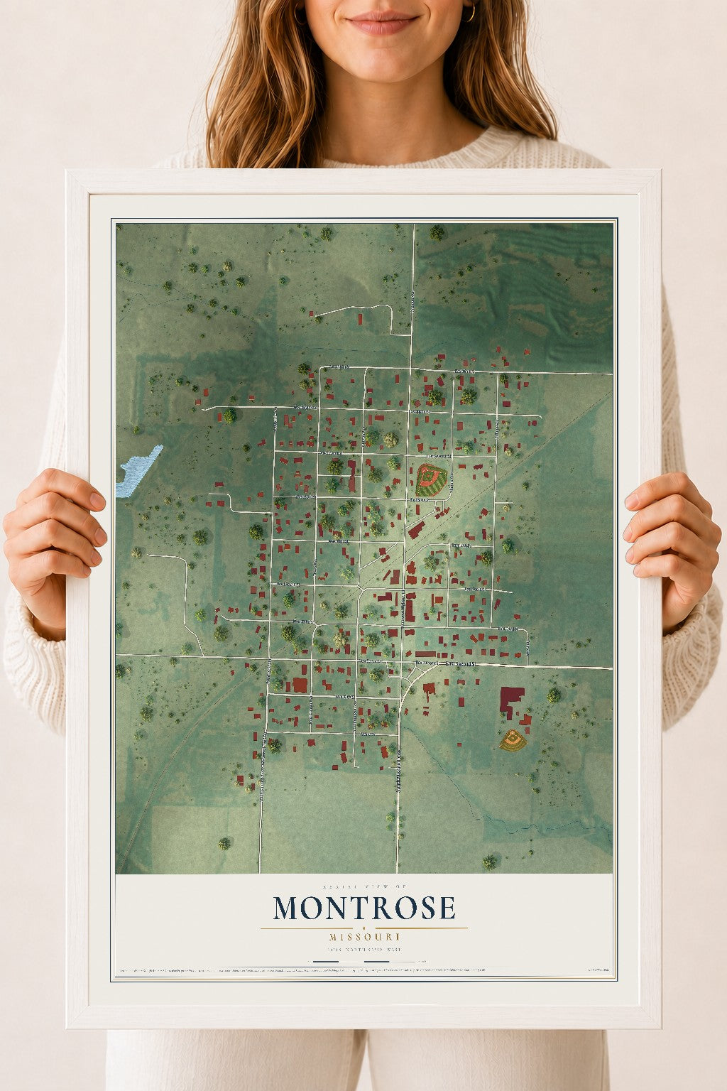 Map of Montrose, Missouri, 18 x 24 inch print in a white wood frame