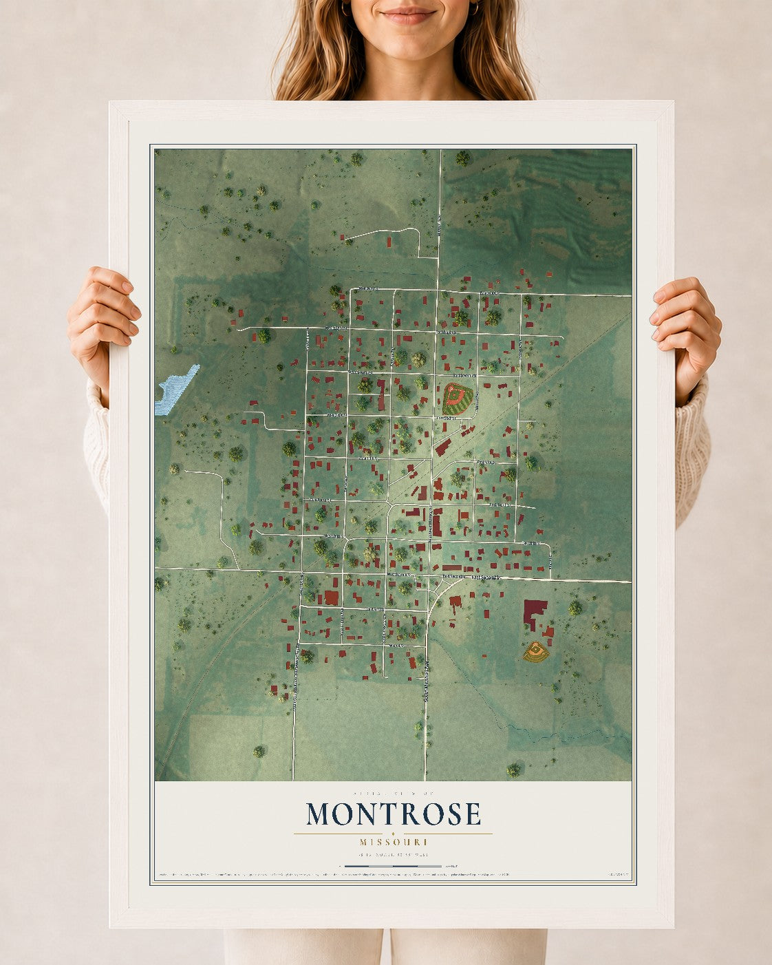 Map of Montrose, Missouri, 24 x 36 inch print in a white wood frame
