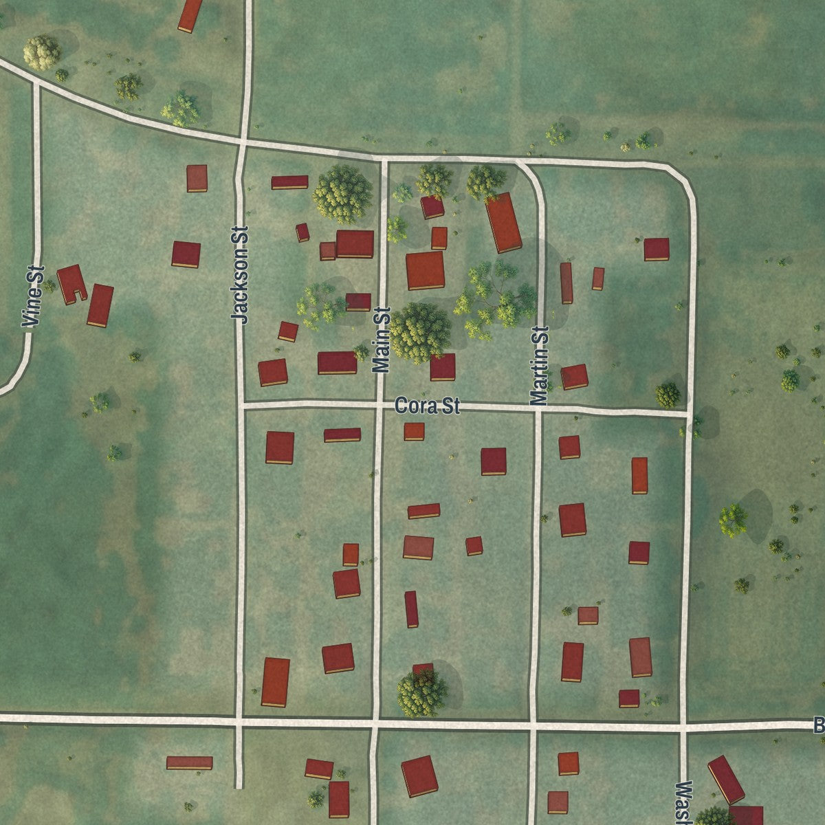 Close-up of the map of Mooresville, Missouri print showing street and building detail
