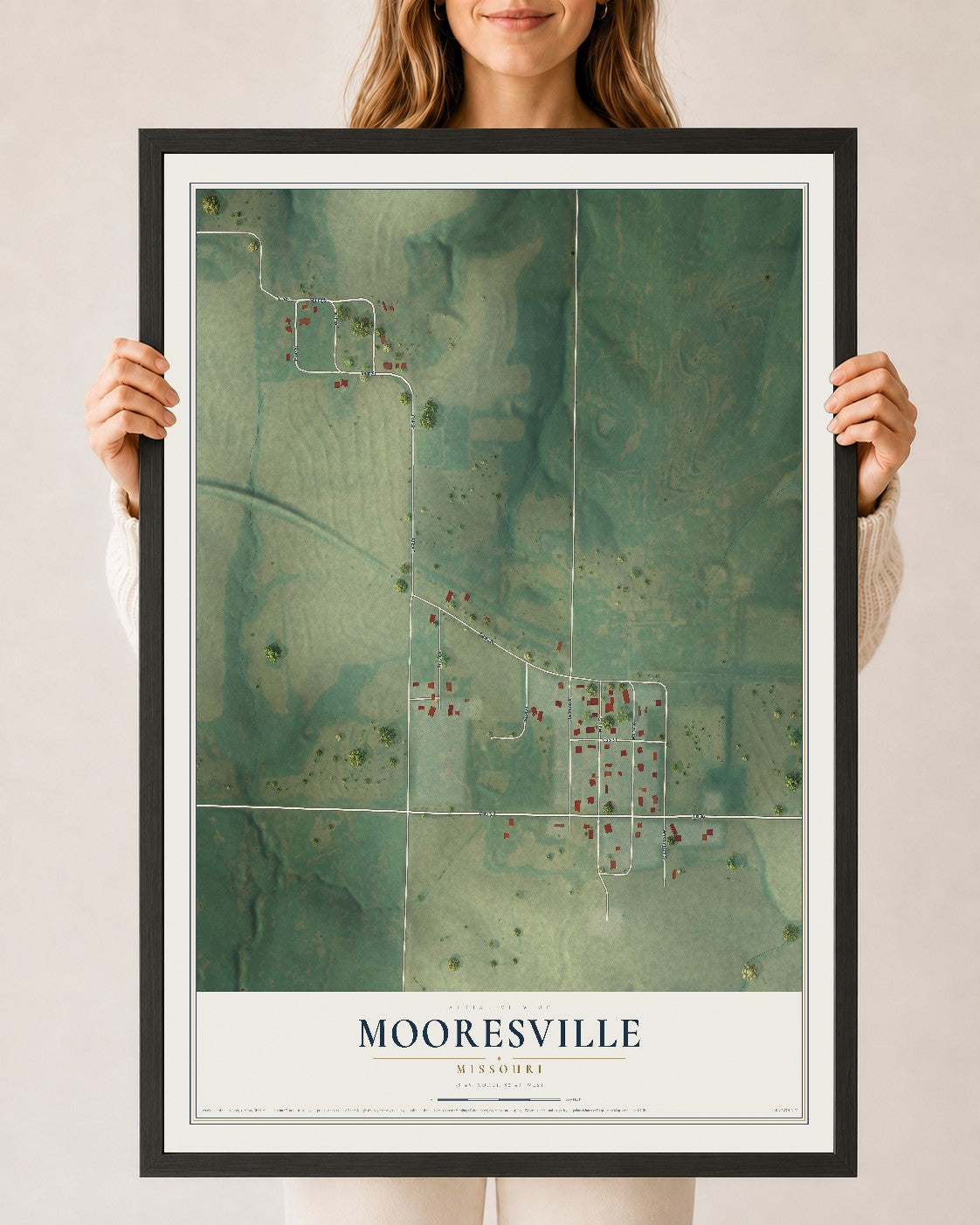 Map of Mooresville, Missouri, 24 x 36 inch print in a black wood frame