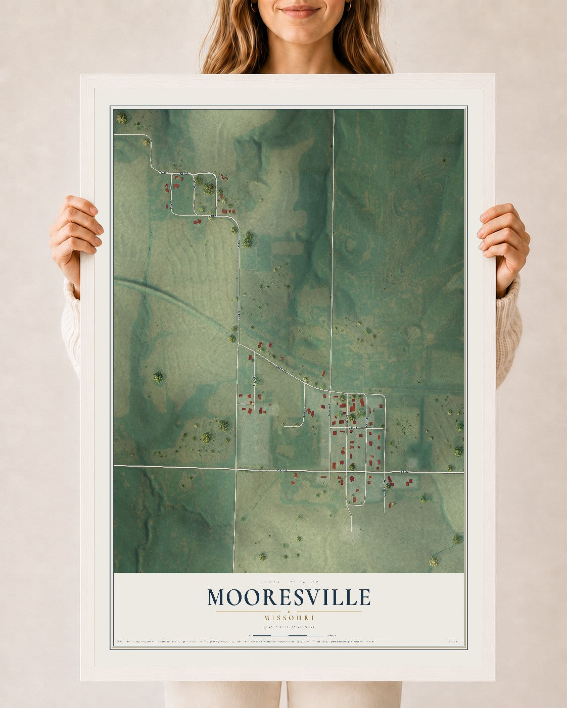 Map of Mooresville, Missouri, 24 x 36 inch print in a white wood frame