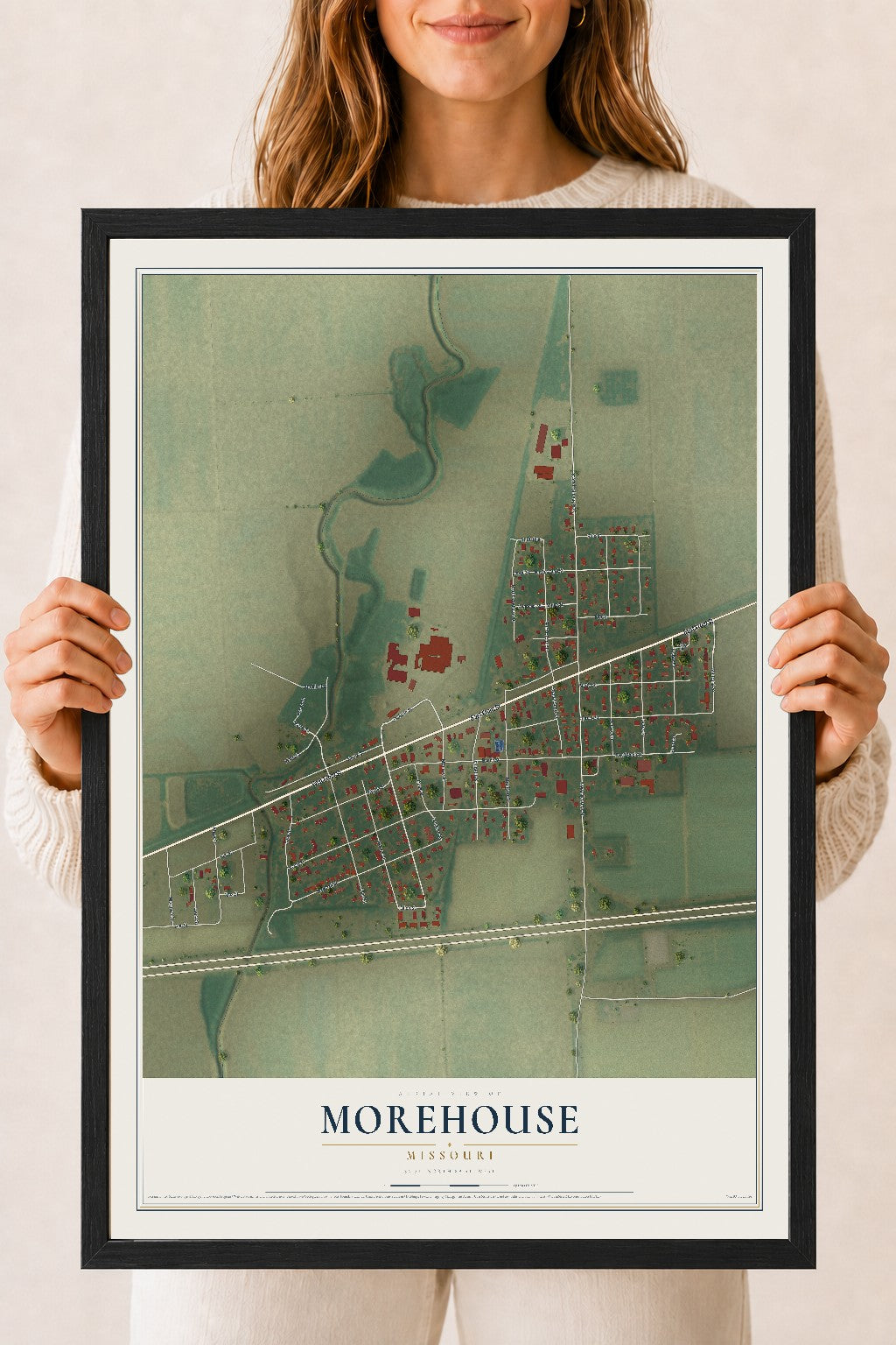 Map of Morehouse, Missouri, 18 x 24 inch print in a black wood frame