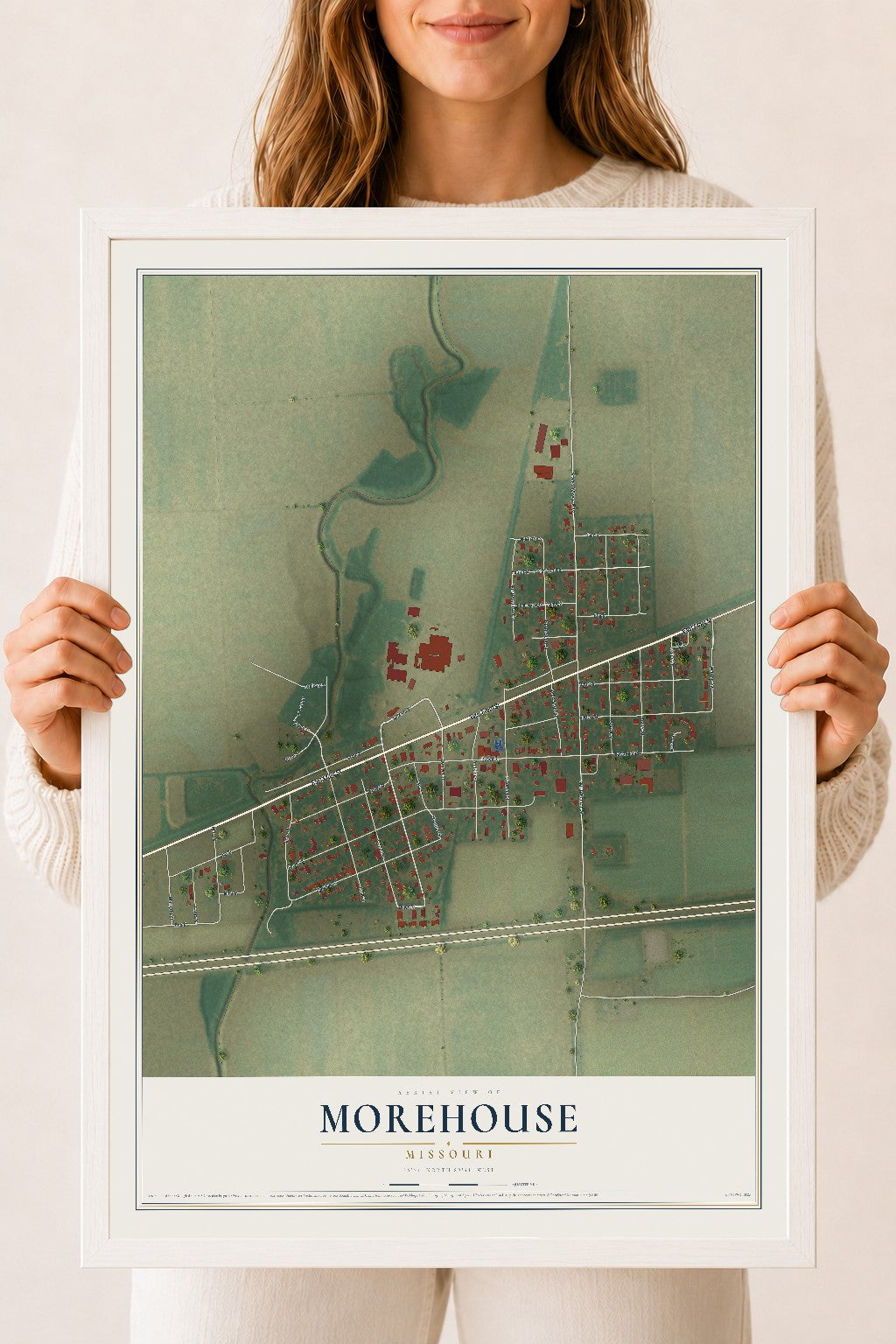 Map of Morehouse, Missouri, 18 x 24 inch print in a white wood frame