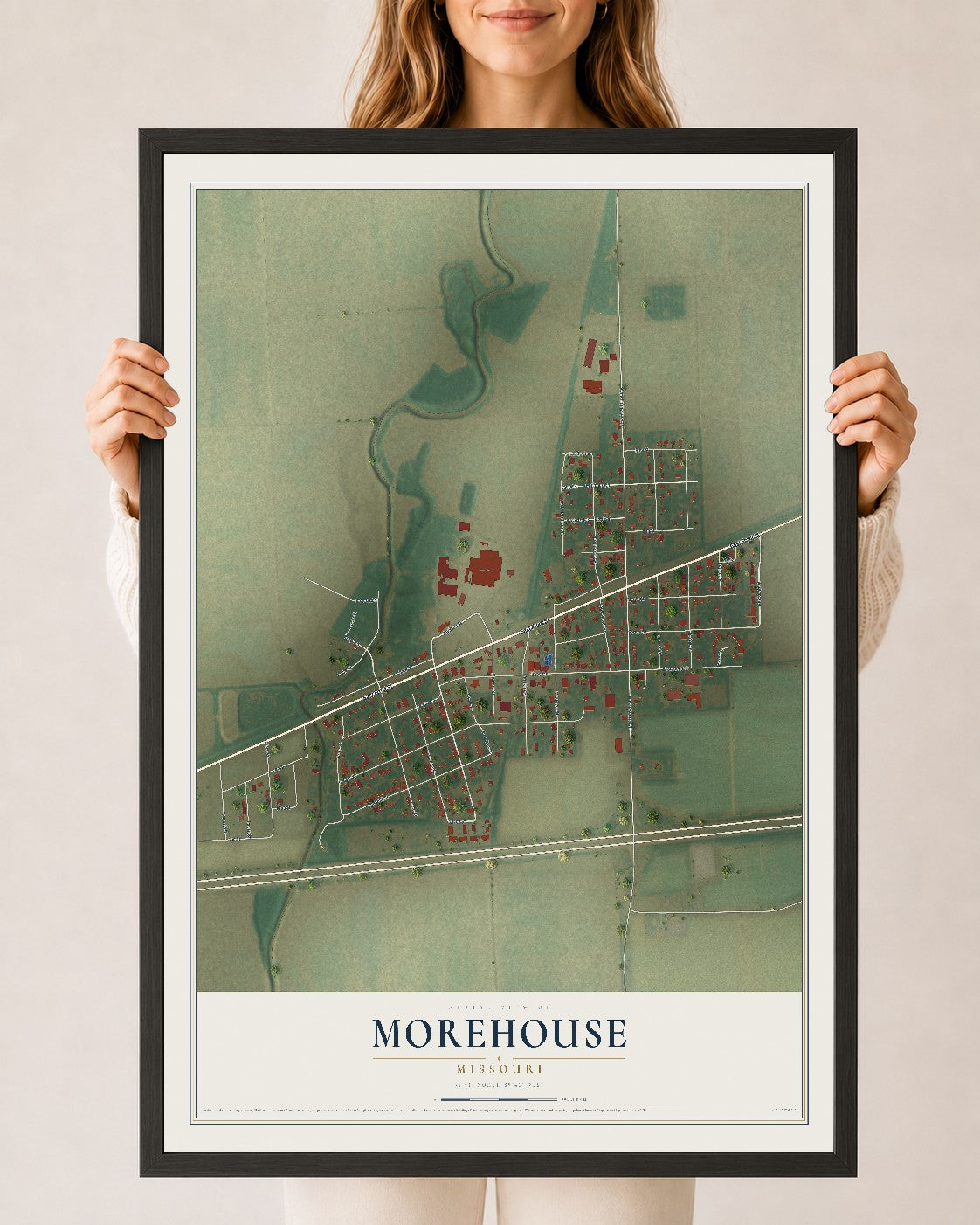 Map of Morehouse, Missouri, 24 x 36 inch print in a black wood frame