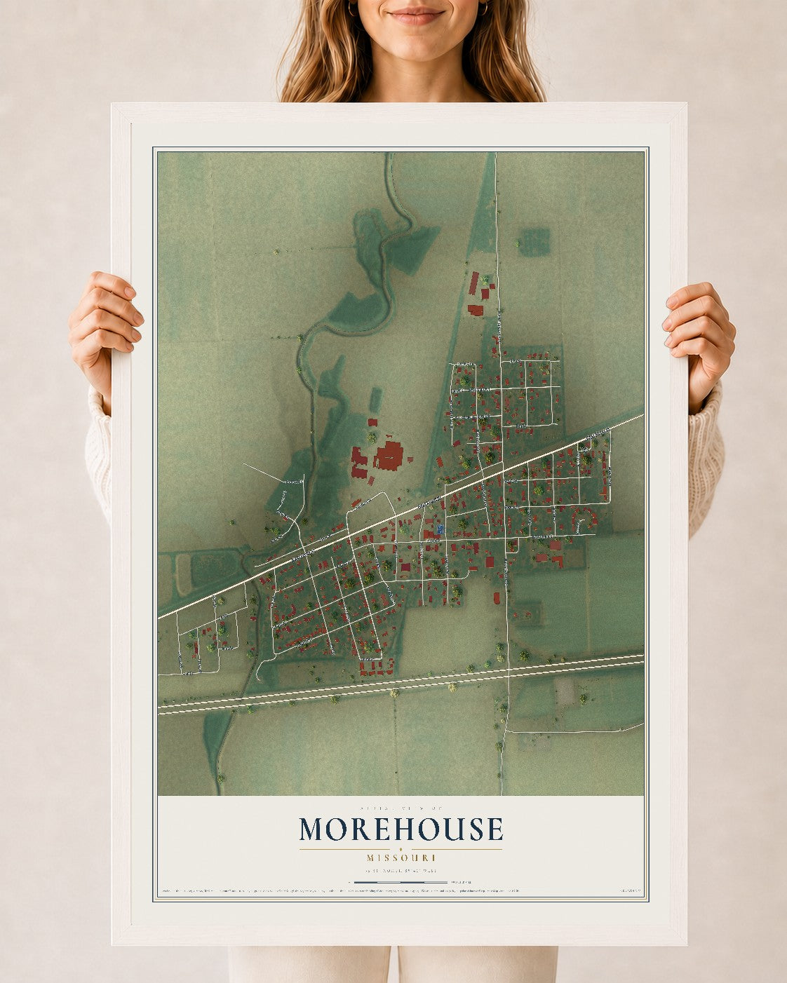Map of Morehouse, Missouri, 24 x 36 inch print in a white wood frame