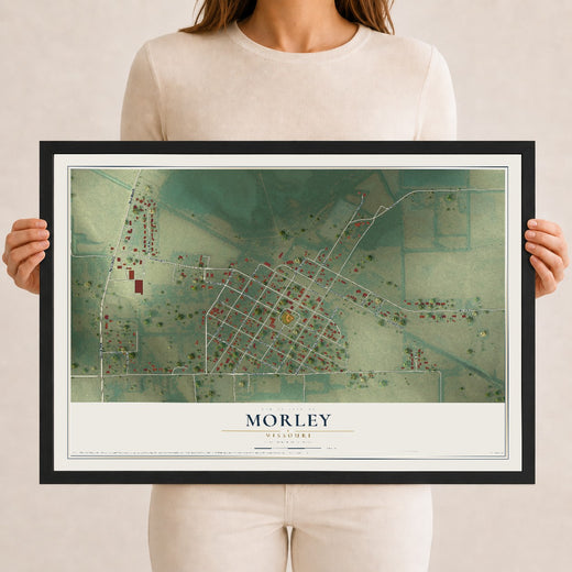 Map of Morley, Missouri, 12 x 18 inch print in a black wood frame