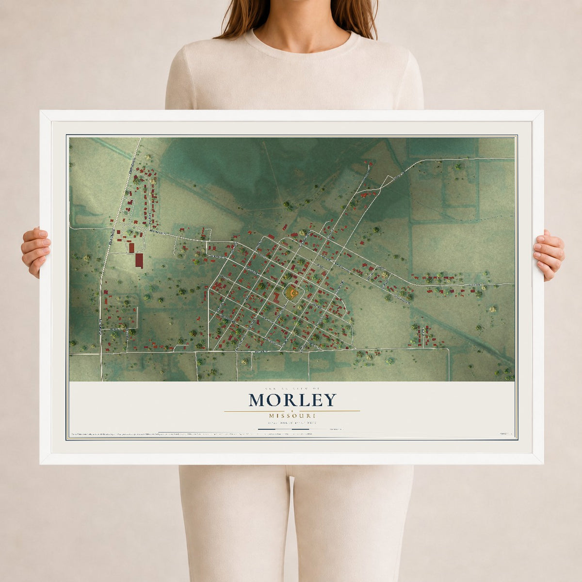 Map of Morley, Missouri, 24 x 36 inch print in a white wood frame
