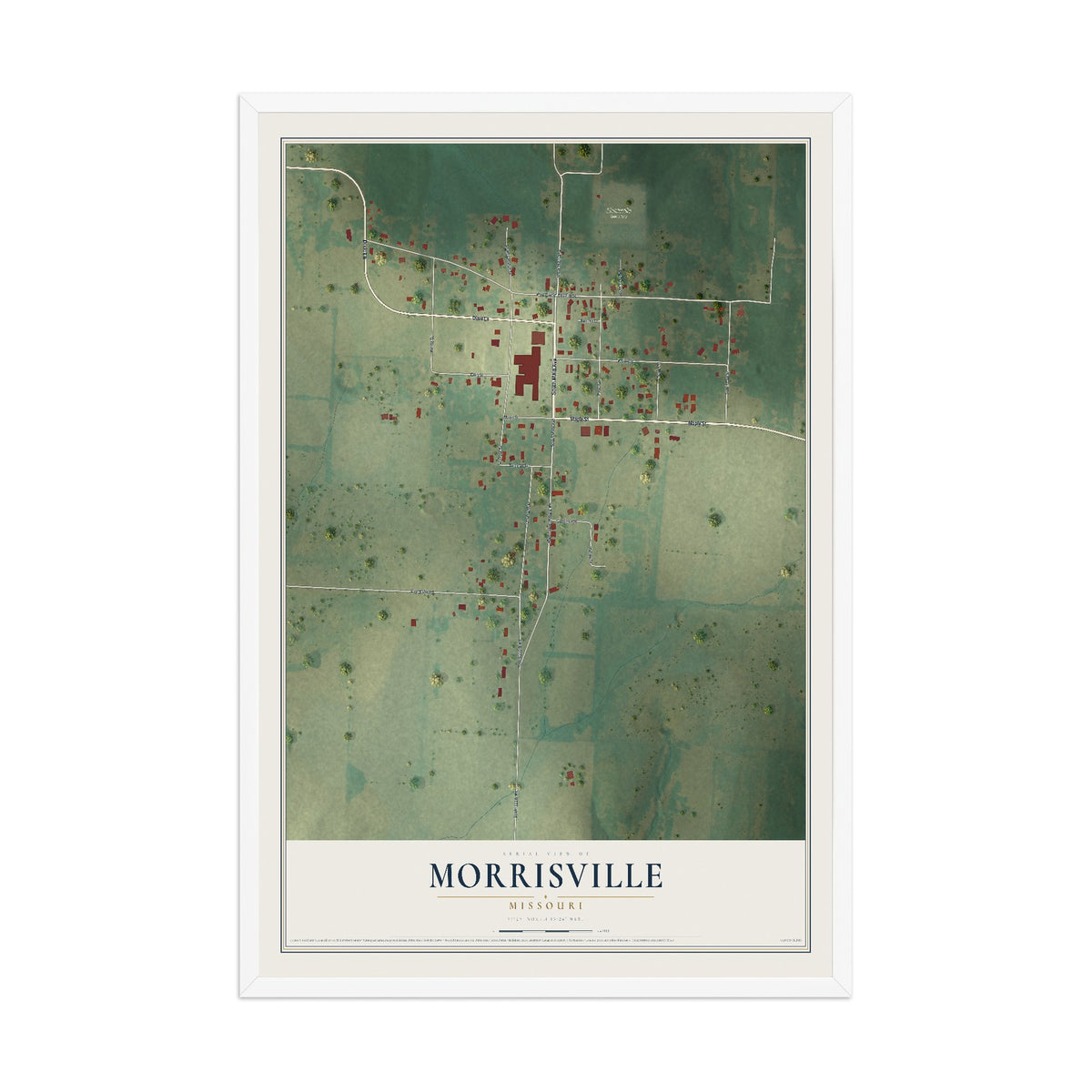 Map of Morrisville, Missouri, 12 x 18 inch print in a white wood frame