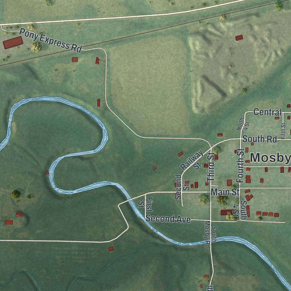 Close-up of the map of Mosby, Missouri print showing street and building detail