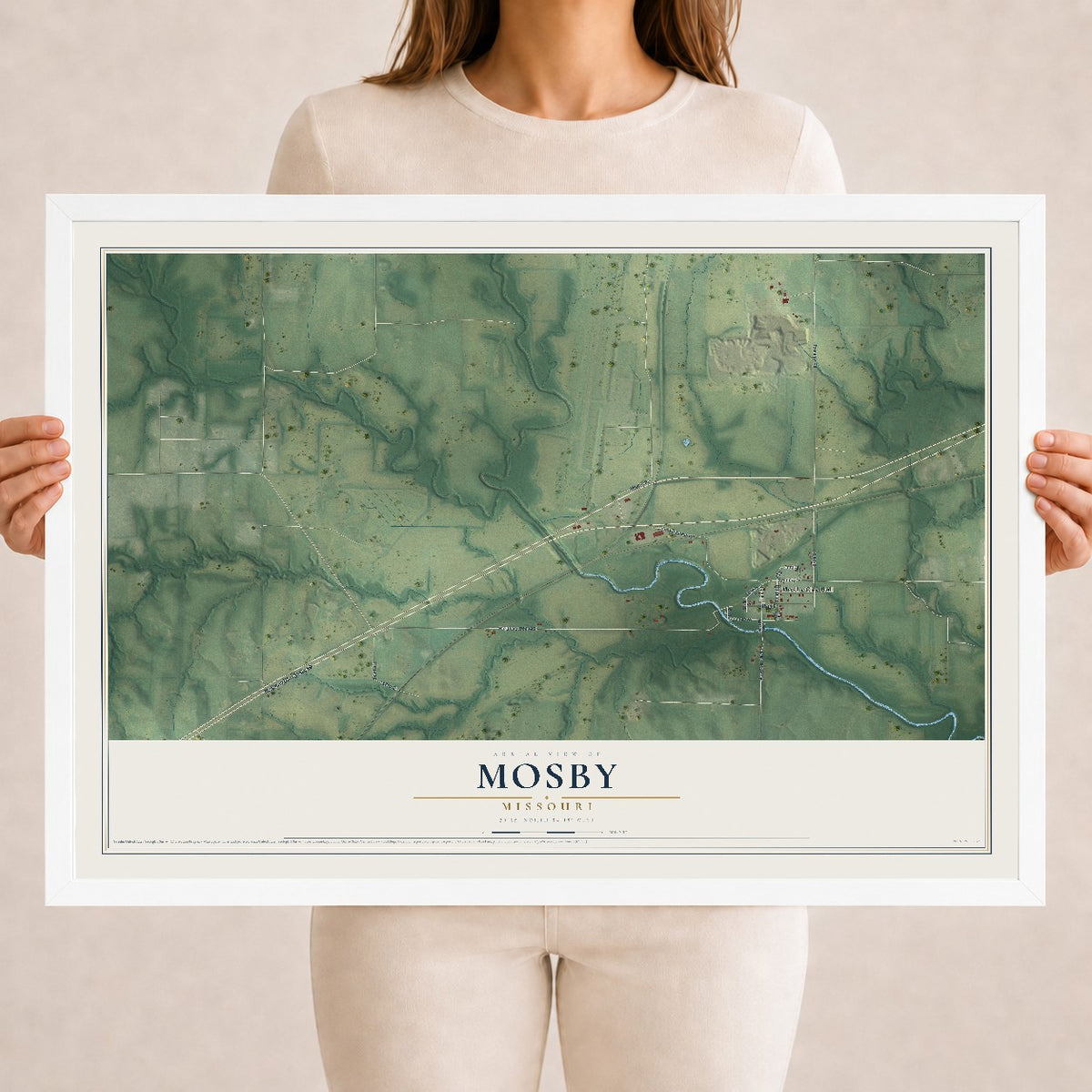 Map of Mosby, Missouri, 18 x 24 inch print in a white wood frame