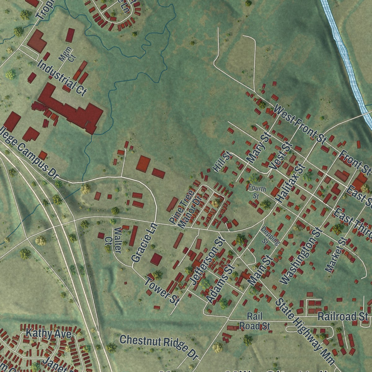 Close-up of the map of Moscow Mills, Missouri print showing street and building detail