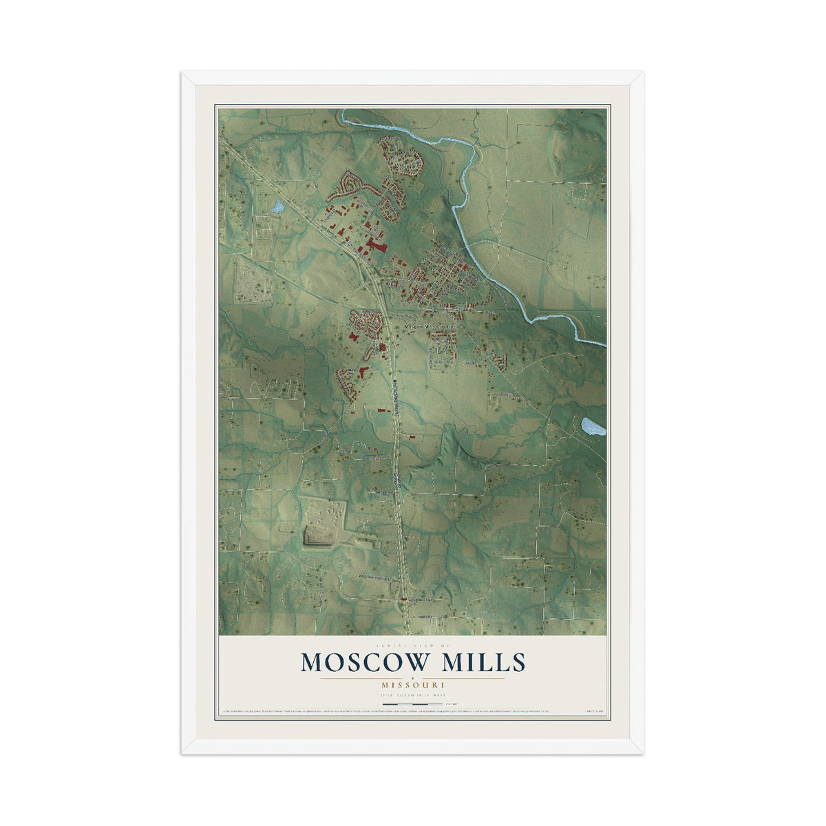Map of Moscow Mills, Missouri, 12 x 18 inch print in a white wood frame