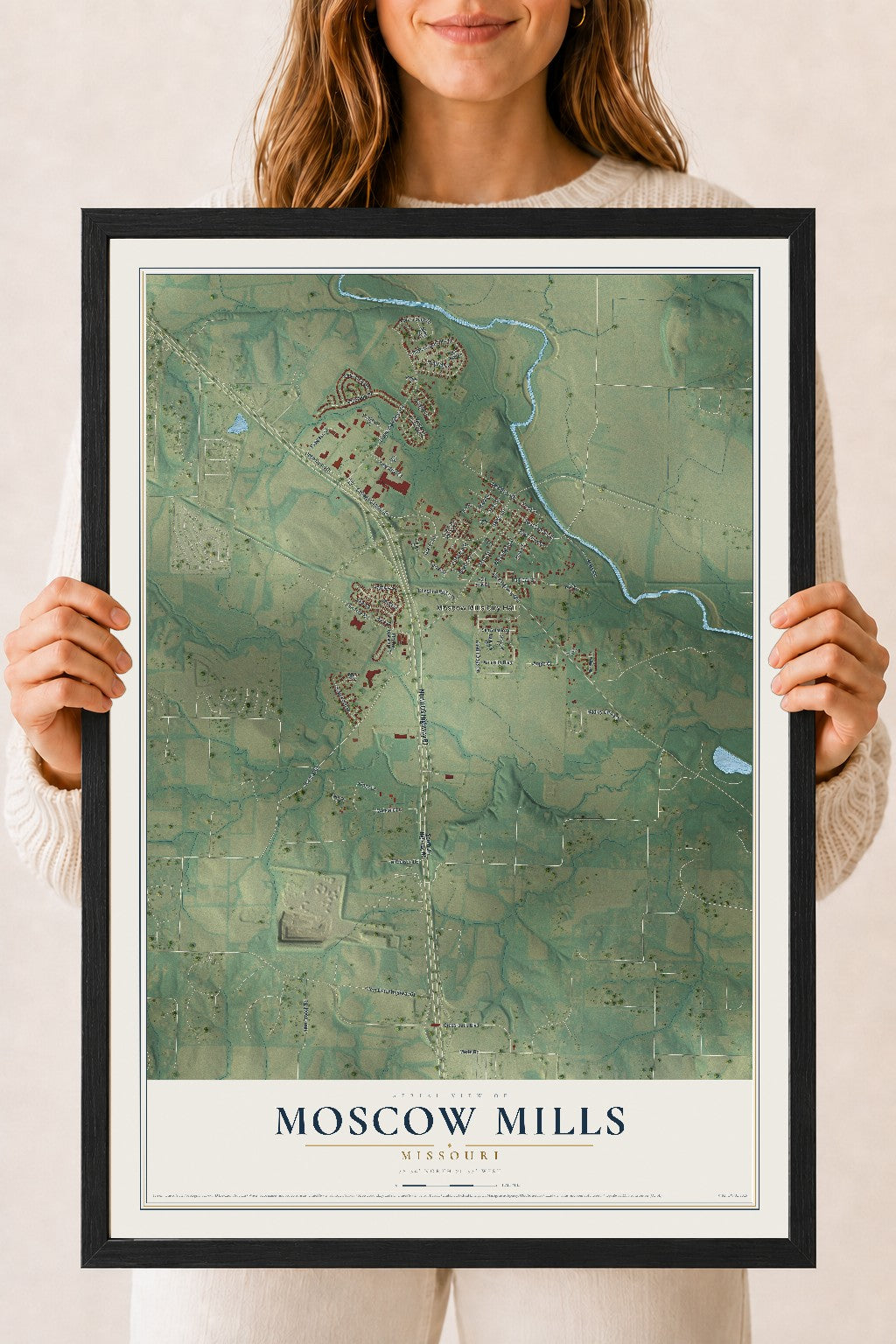 Map of Moscow Mills, Missouri, 18 x 24 inch print in a black wood frame
