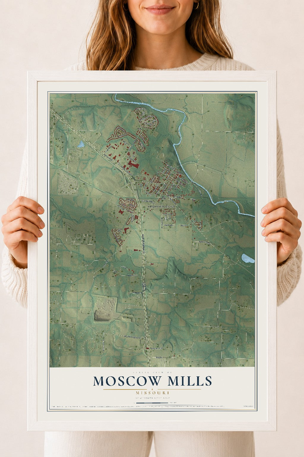 Map of Moscow Mills, Missouri, 18 x 24 inch print in a white wood frame