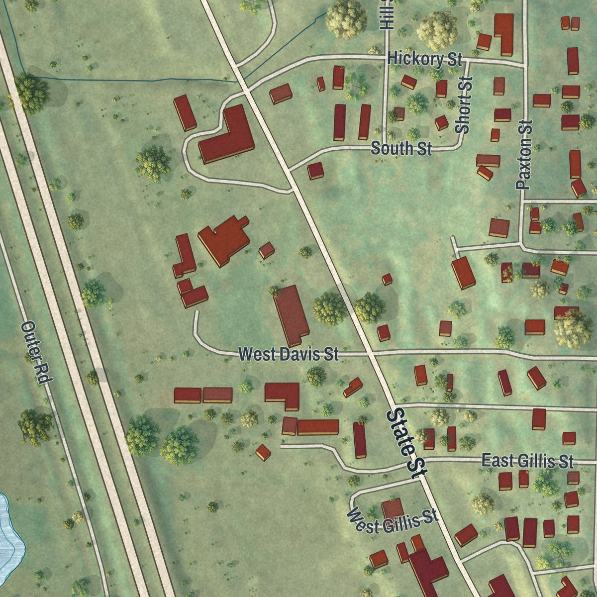 Second close-up of the map of Mound City, Missouri print showing more streets and buildings