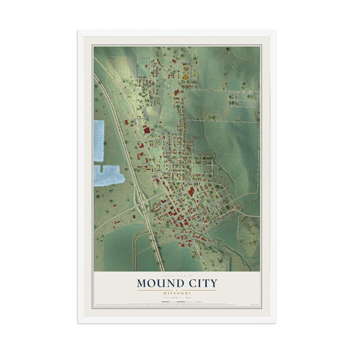 Map of Mound City, Missouri, 12 x 18 inch print in a white wood frame