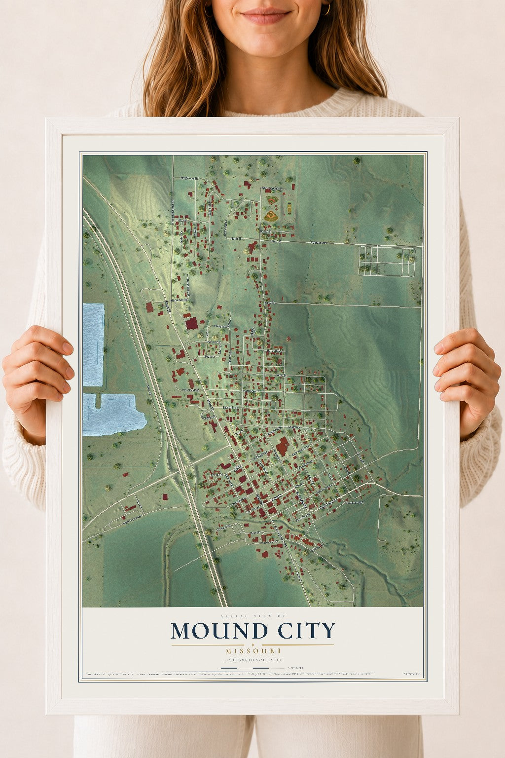 Map of Mound City, Missouri, 18 x 24 inch print in a white wood frame
