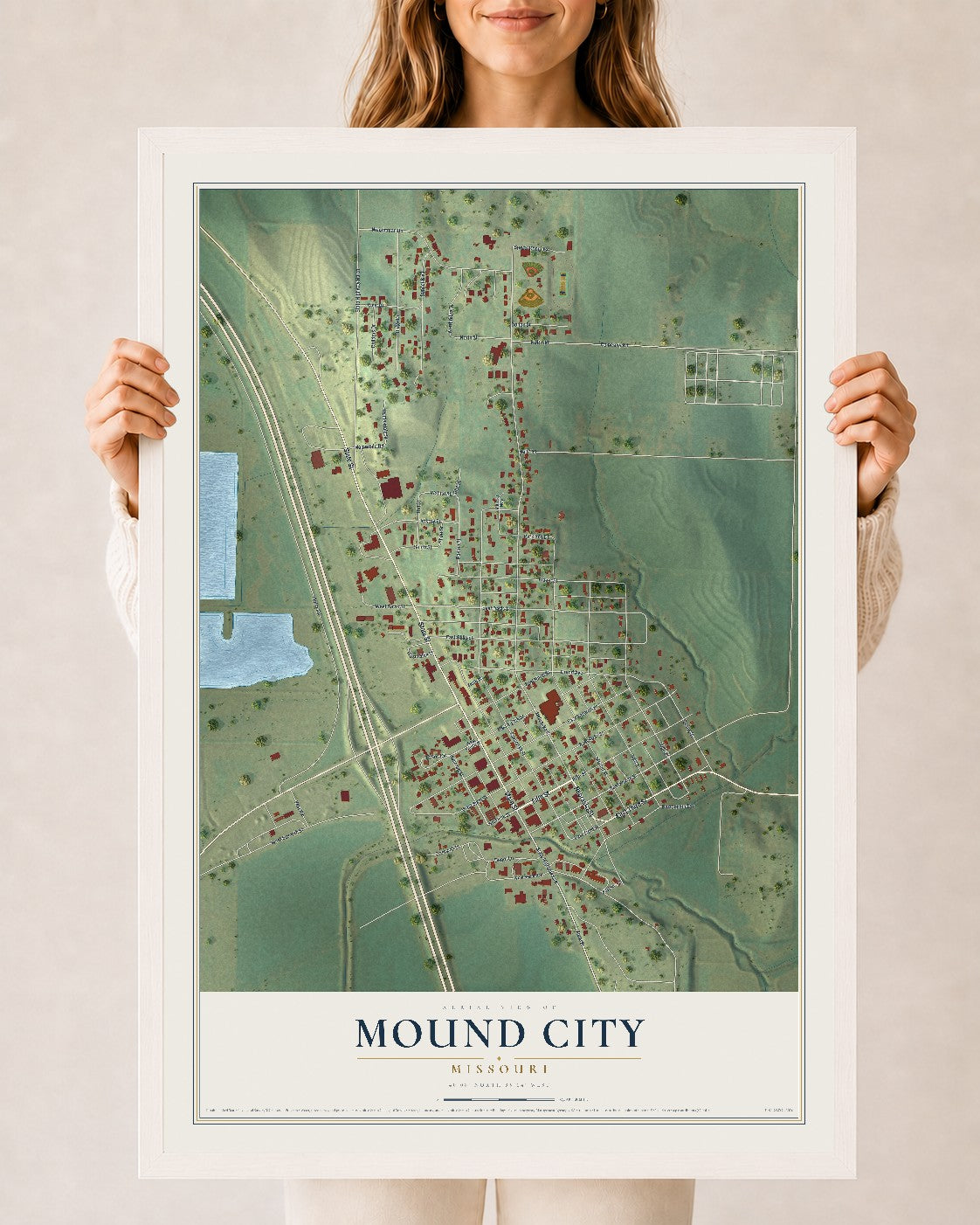 Map of Mound City, Missouri, 24 x 36 inch print in a white wood frame