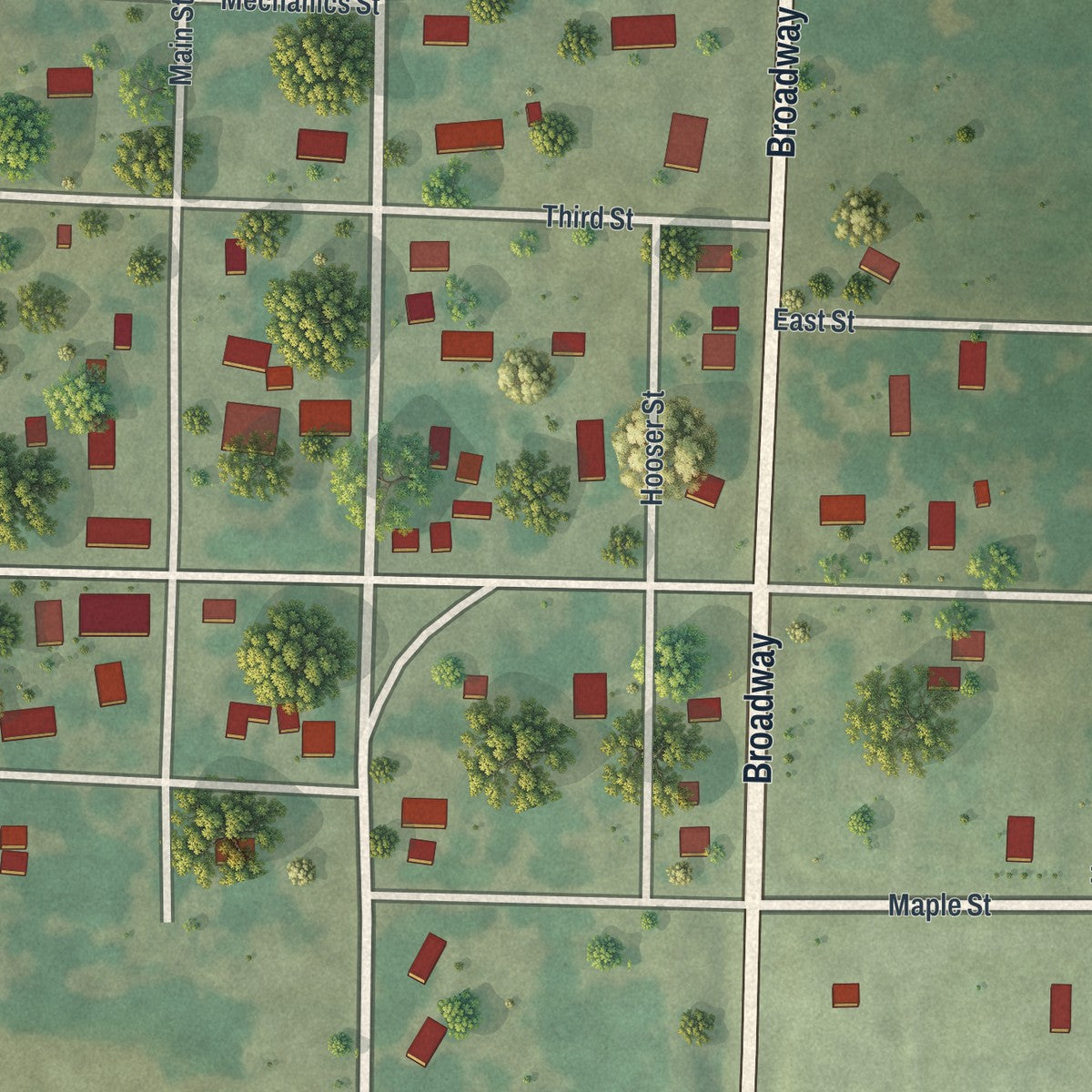 Close-up of the map of Moundville, Missouri print showing street and building detail