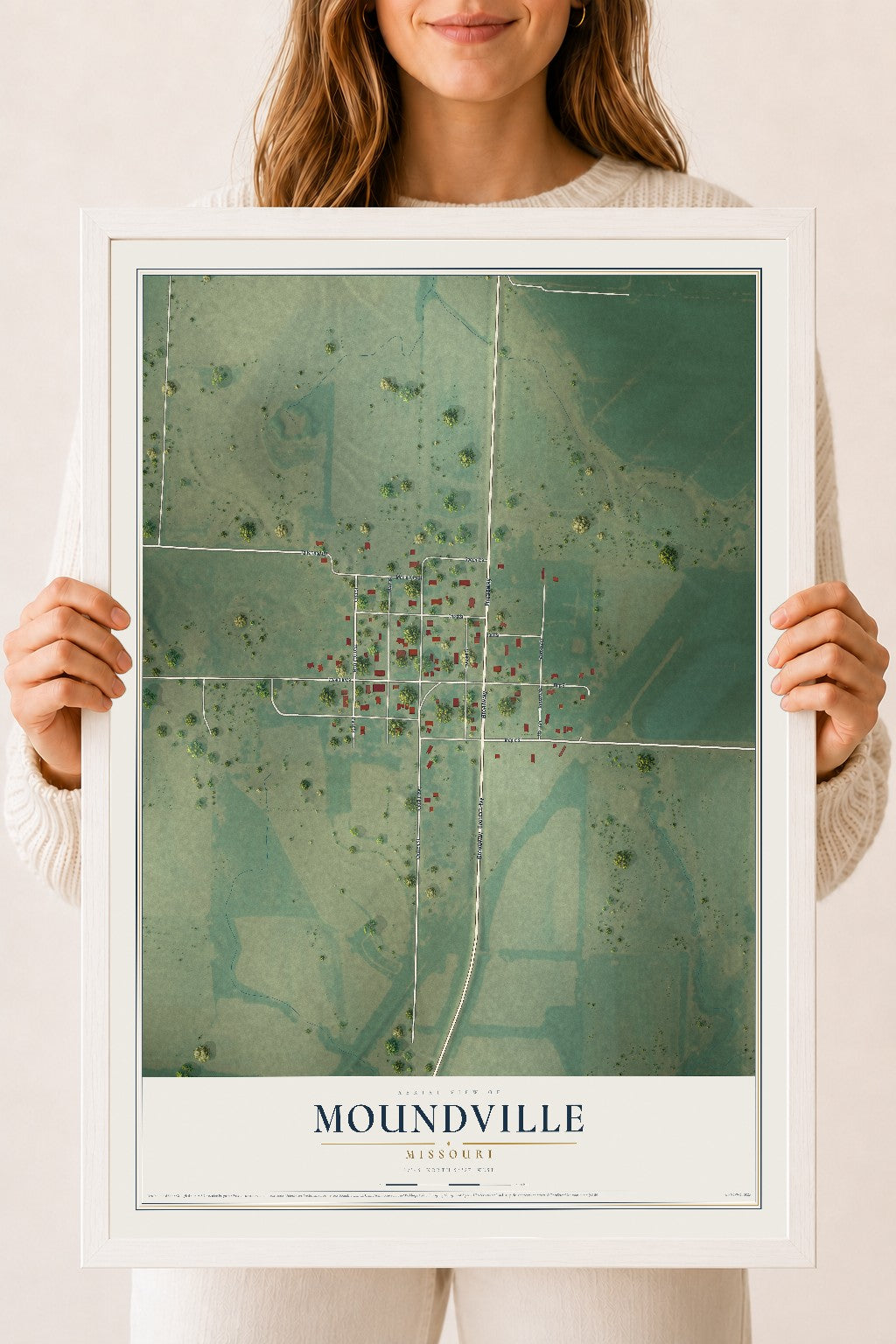 Map of Moundville, Missouri, 18 x 24 inch print in a white wood frame