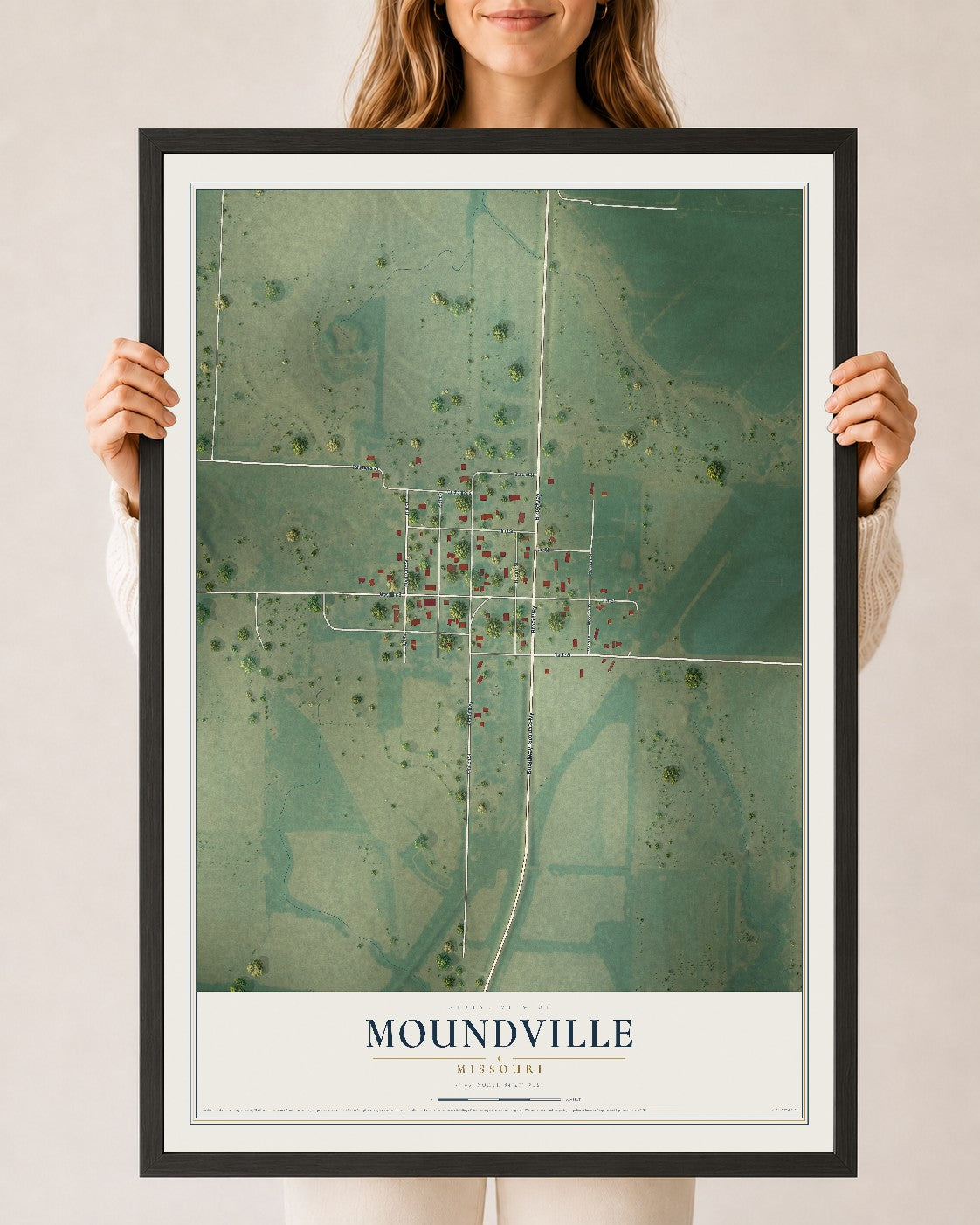 Map of Moundville, Missouri, 24 x 36 inch print in a black wood frame