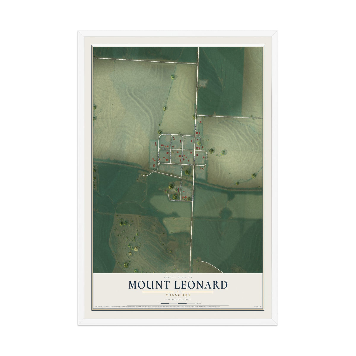 Map of Mount Leonard, Missouri, 12 x 18 inch print in a white wood frame