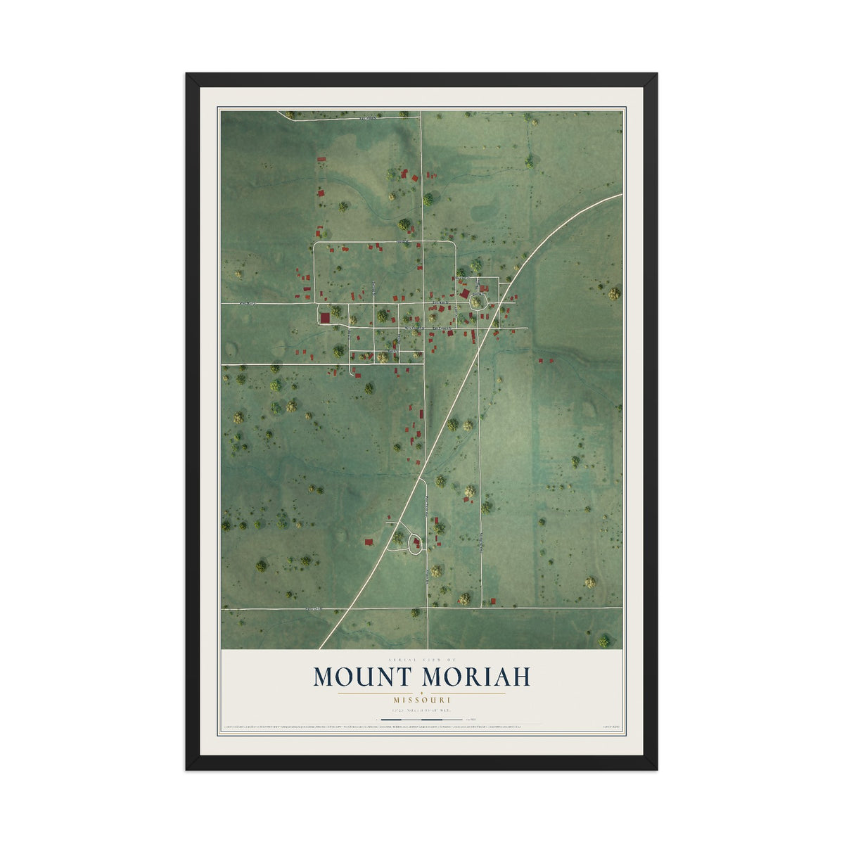 Map of Mount Moriah, Missouri, 12 x 18 inch print in a black wood frame