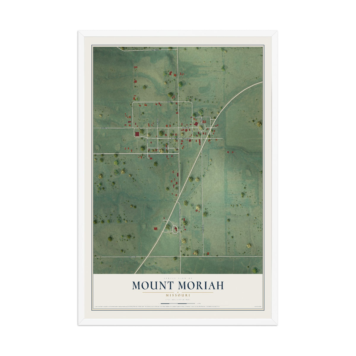 Map of Mount Moriah, Missouri, 12 x 18 inch print in a white wood frame