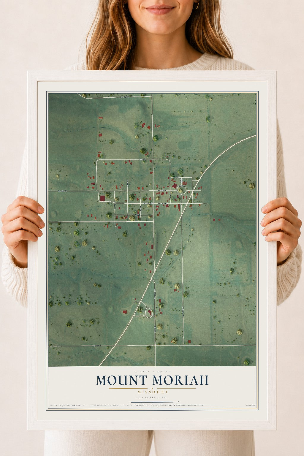 Map of Mount Moriah, Missouri, 18 x 24 inch print in a white wood frame