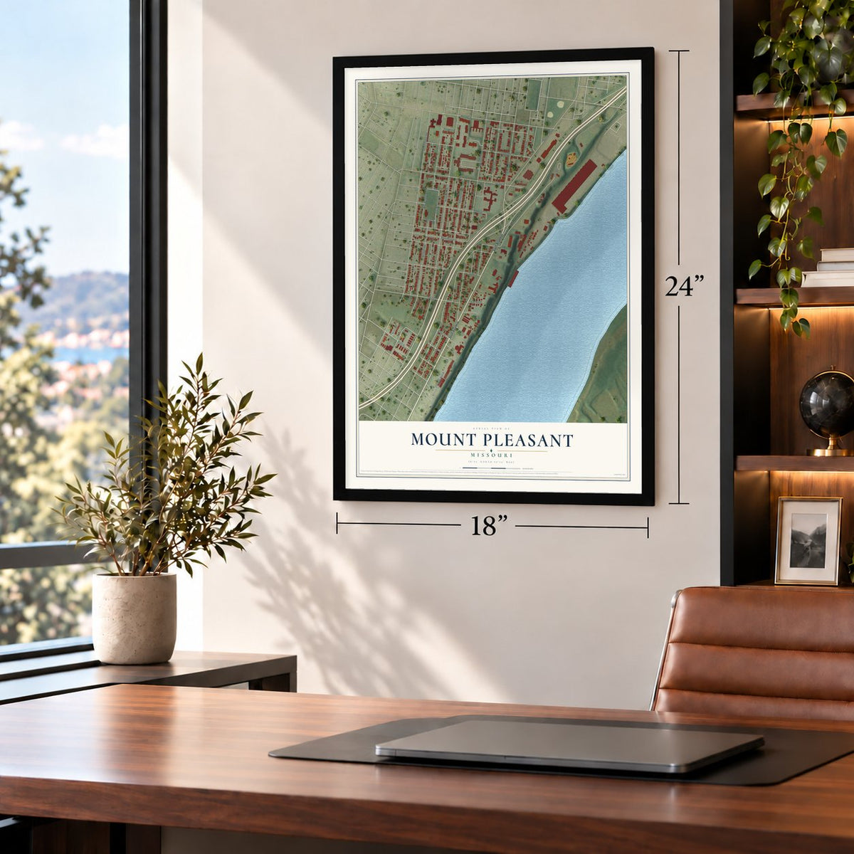 Mount Pleasant, Missouri map, 18 x 24 inch print in a black frame in a home office