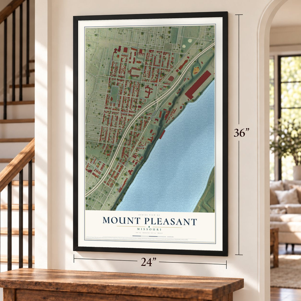 Mount Pleasant, Missouri map, 24 x 36 inch print in a black frame by a staircase