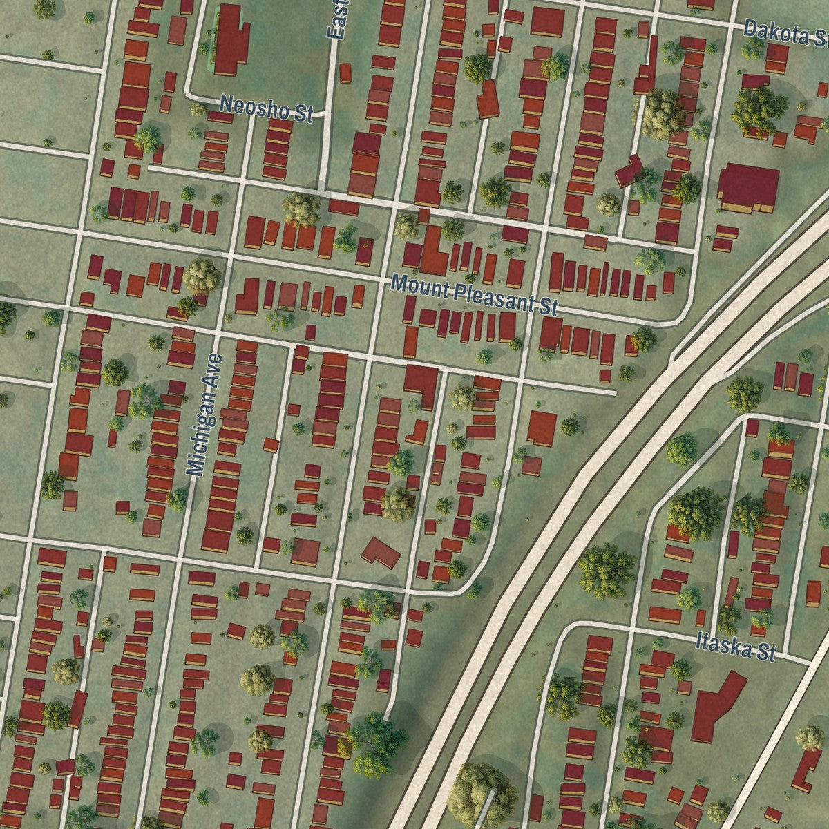 Close-up of the map of Mount Pleasant, Missouri print showing street and building detail