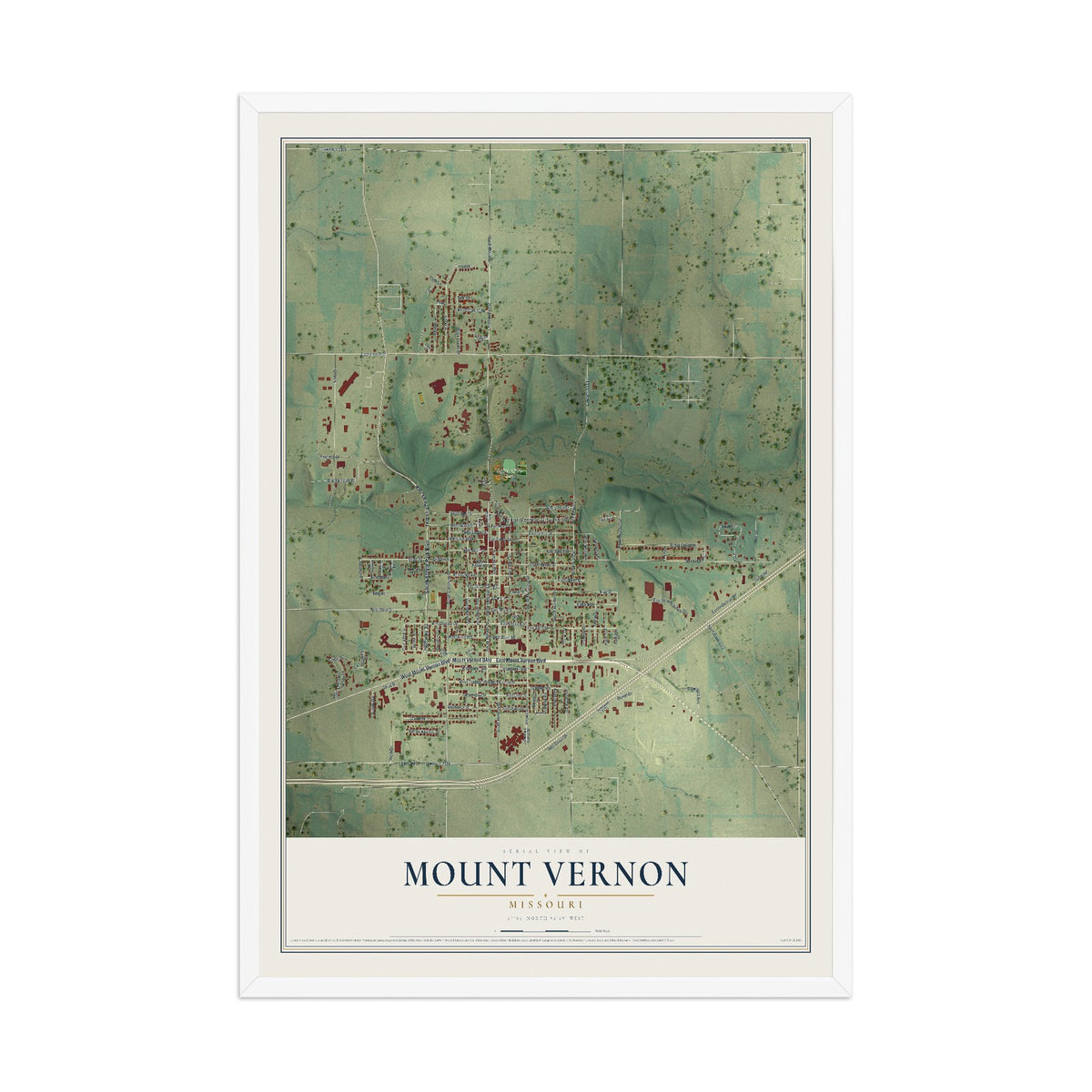 Map of Mount Vernon, Missouri, 12 x 18 inch print in a white wood frame