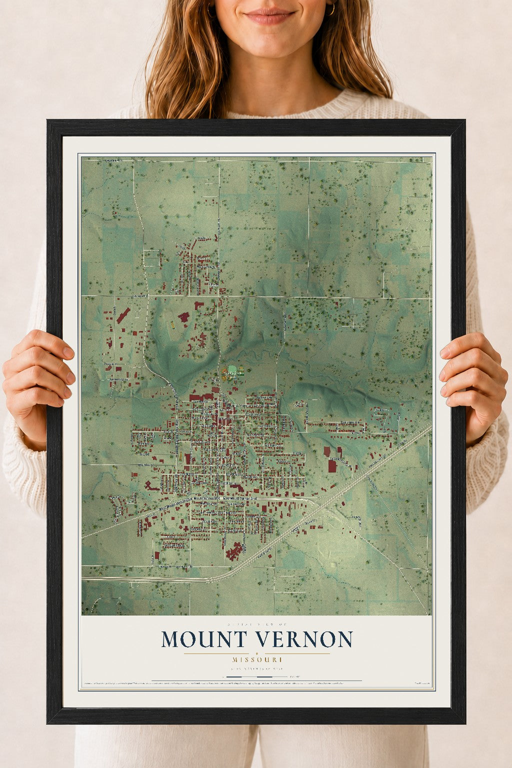 Map of Mount Vernon, Missouri, 18 x 24 inch print in a black wood frame