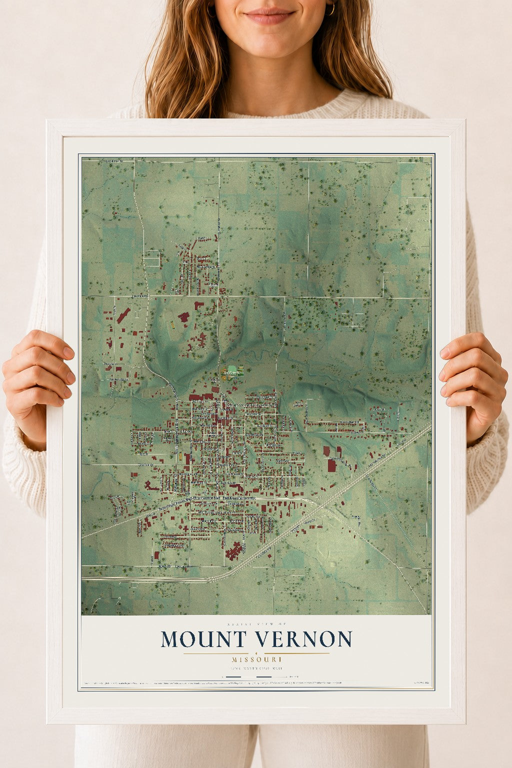 Map of Mount Vernon, Missouri, 18 x 24 inch print in a white wood frame