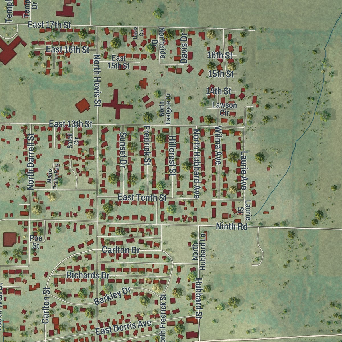 Second close-up of the map of Mountain Grove, Missouri print showing more streets and buildings