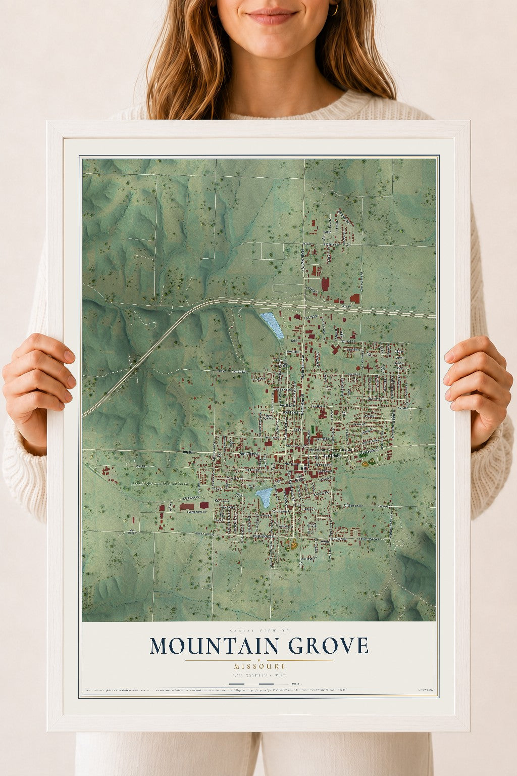 Map of Mountain Grove, Missouri, 18 x 24 inch print in a white wood frame