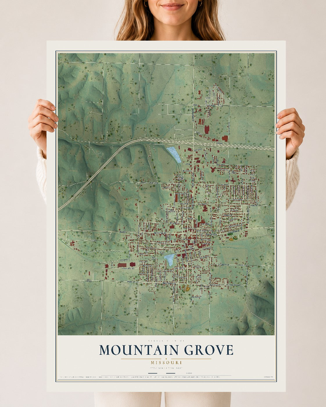 Map of Mountain Grove, Missouri, 24 x 36 inch unframed archival matte print