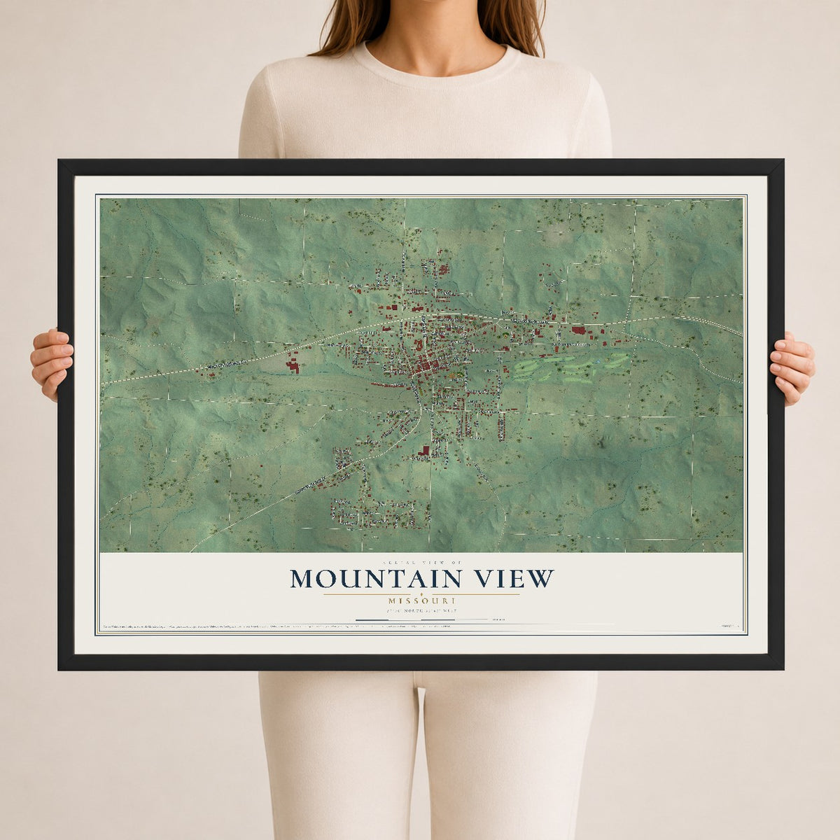 Map of Mountain View, Missouri, 24 x 36 inch print in a black wood frame
