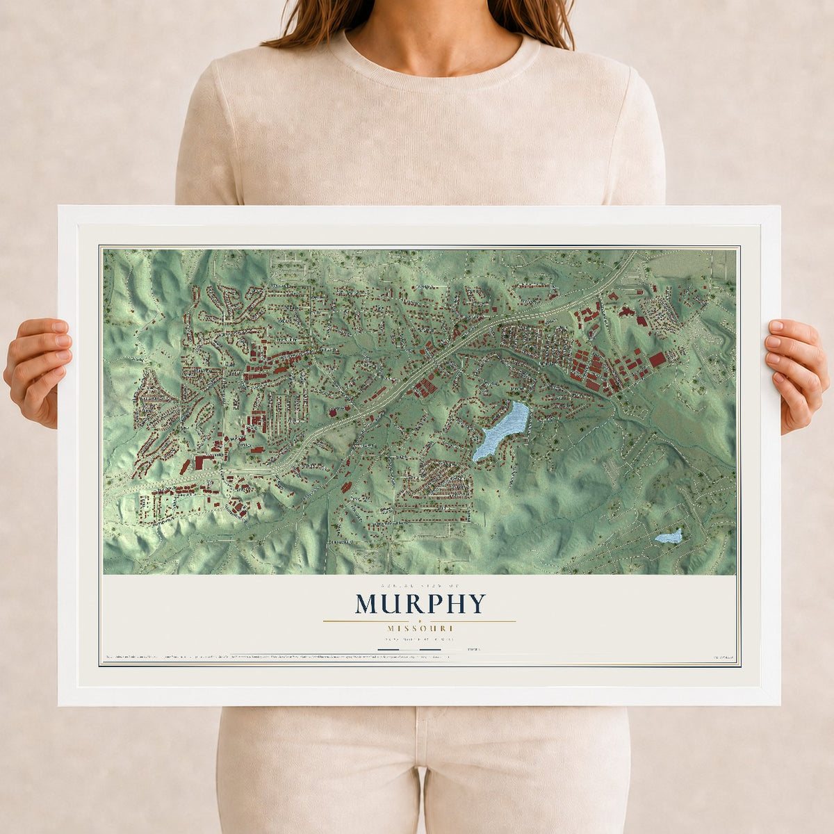 Map of Murphy, Missouri, 12 x 18 inch print in a white wood frame