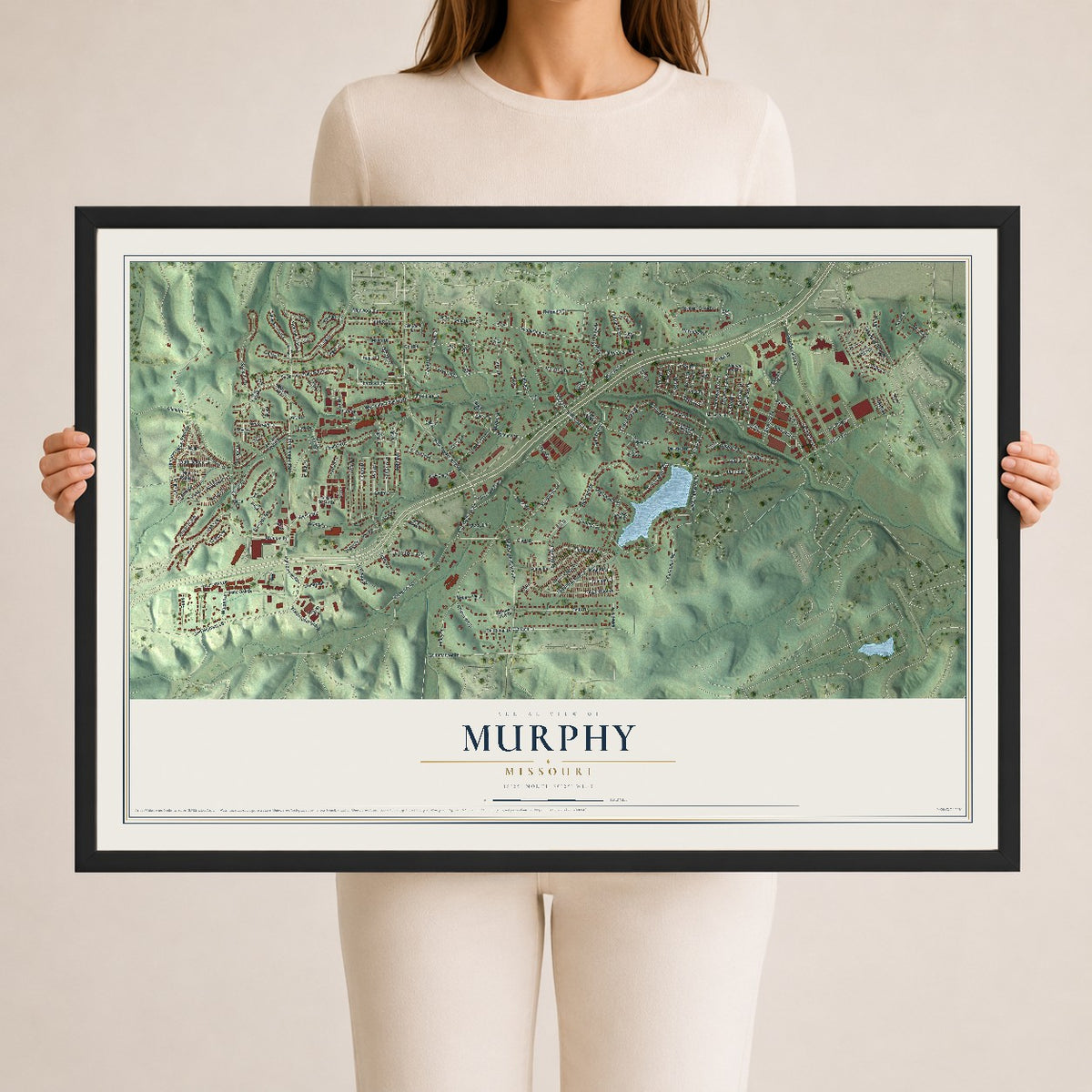 Map of Murphy, Missouri, 24 x 36 inch print in a black wood frame