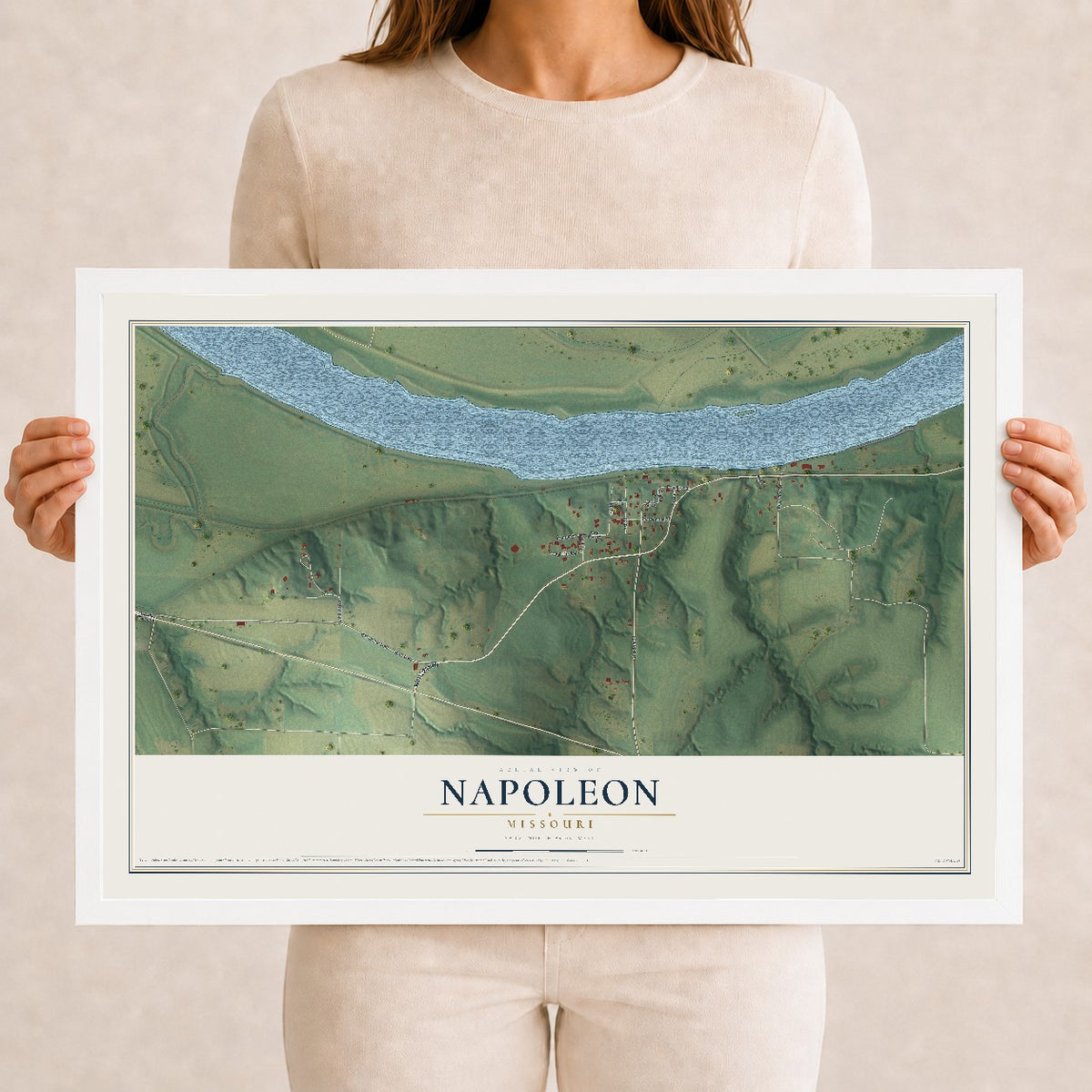 Map of Napoleon, Missouri, 12 x 18 inch print in a white wood frame