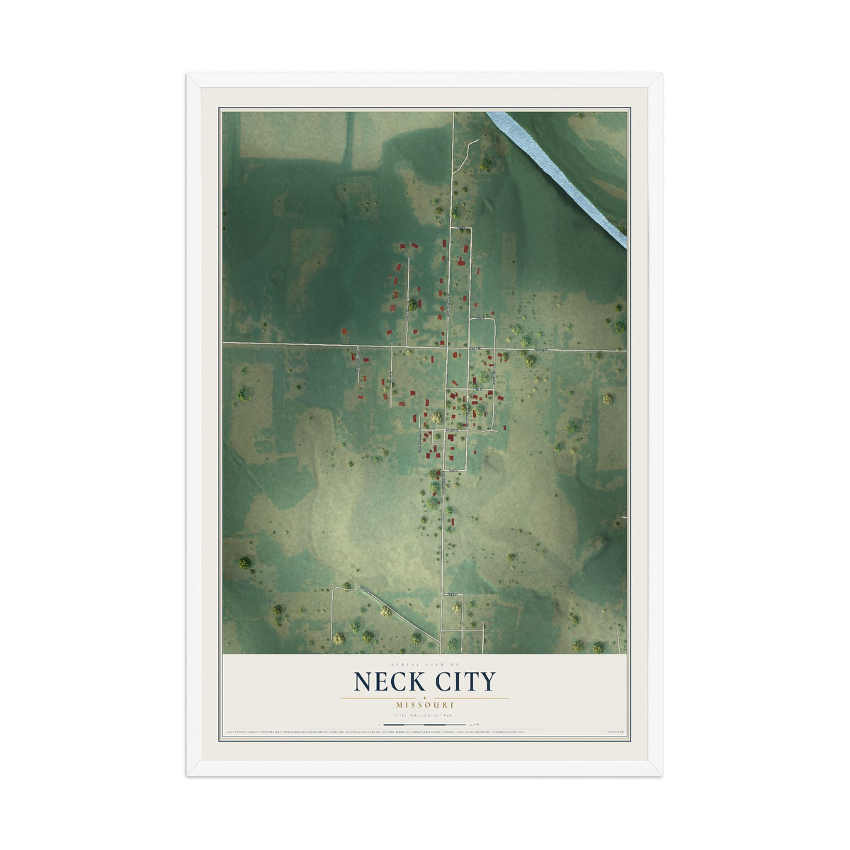 Map of Neck City, Missouri, 12 x 18 inch print in a white wood frame