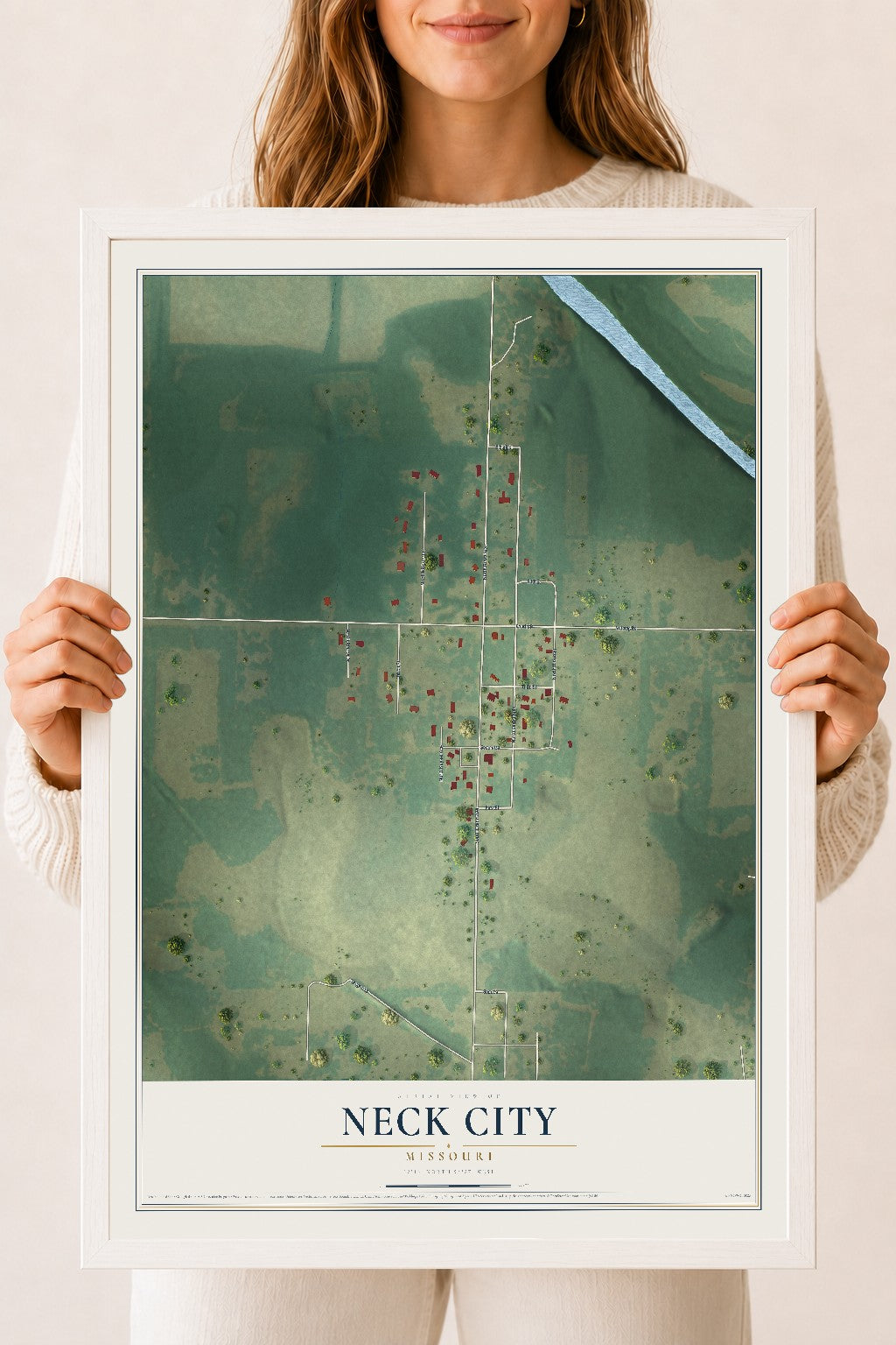 Map of Neck City, Missouri, 18 x 24 inch print in a white wood frame