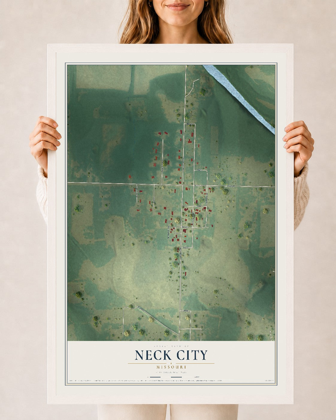 Map of Neck City, Missouri, 24 x 36 inch print in a white wood frame