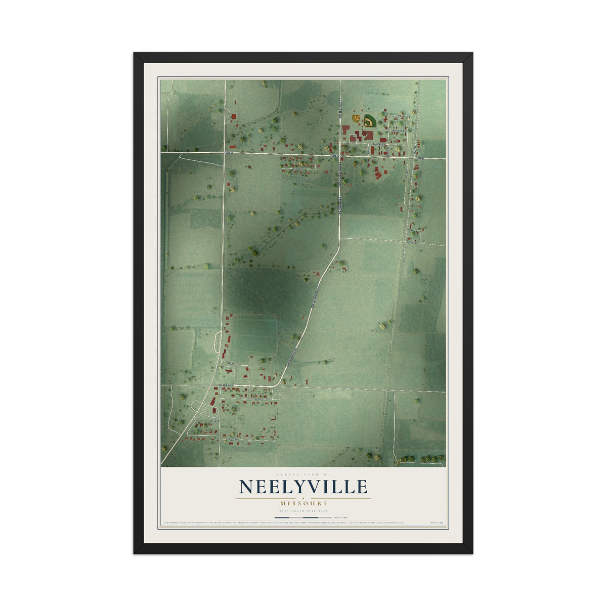 Map of Neelyville, Missouri, 12 x 18 inch print in a black wood frame
